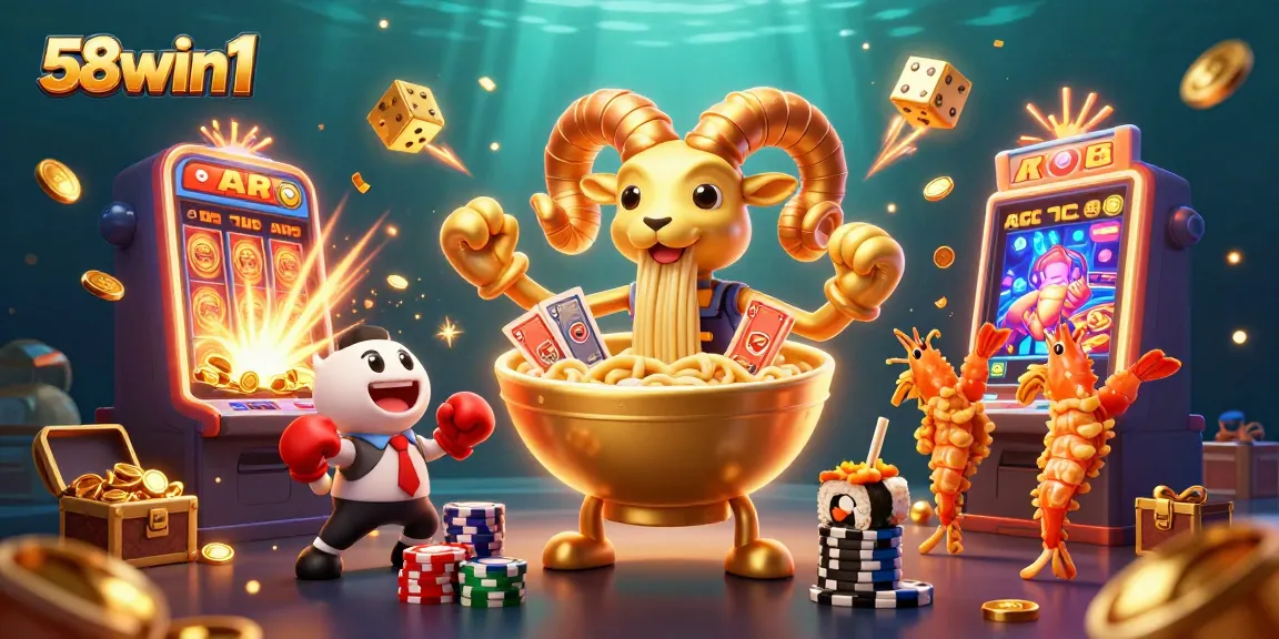 58win1 presents an engaging scene with a ramen bowl dealer and dynamic casino elements for players to explore.