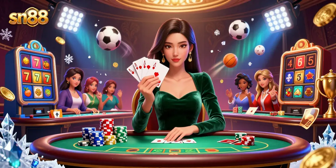 Experience the thrill of sn88 with an elegant Asian woman at the poker table, surrounded by vibrant slot elements.