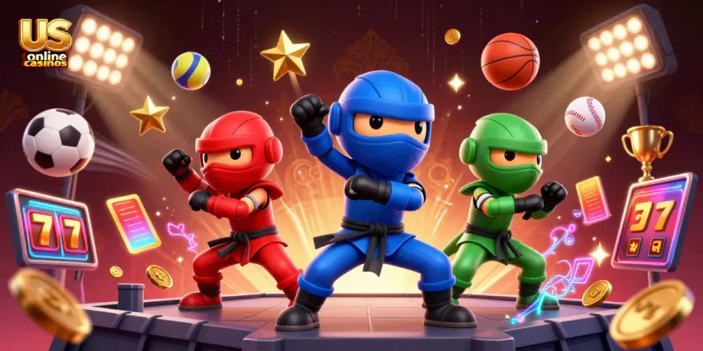 Dynamic illustration of us online casinos featuring ninja chameleons and casino elements in vibrant action.