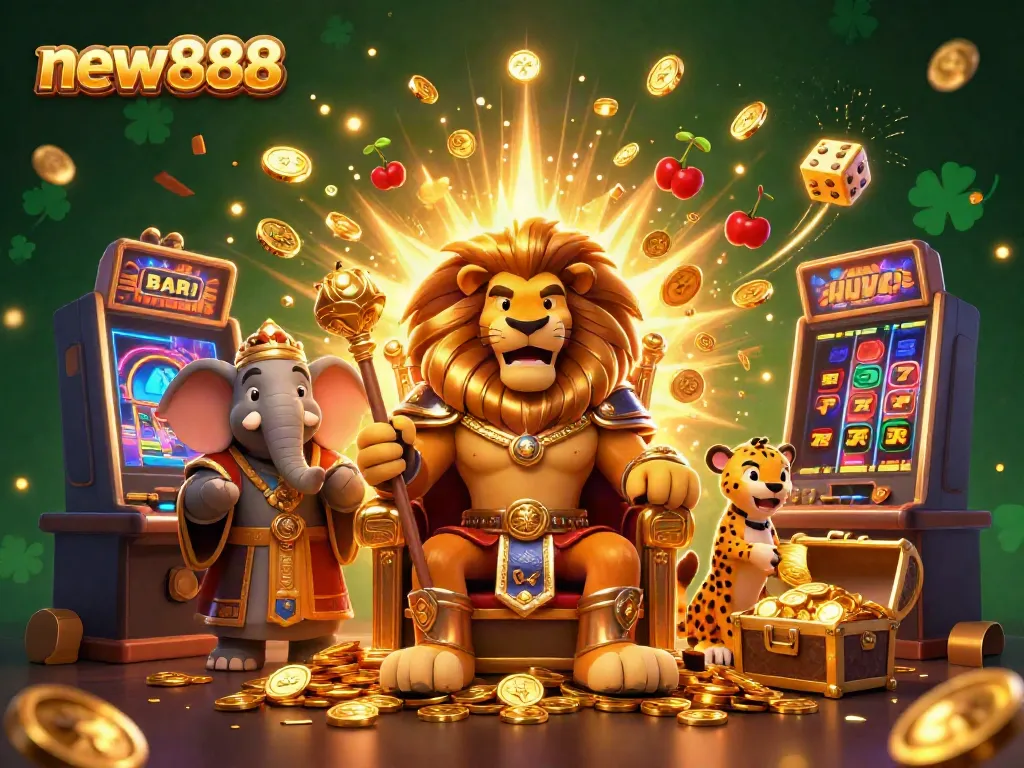 Experience new888's casino thrill with a majestic lion, wise elephant, and speedy cheetah amidst rich gaming elements.