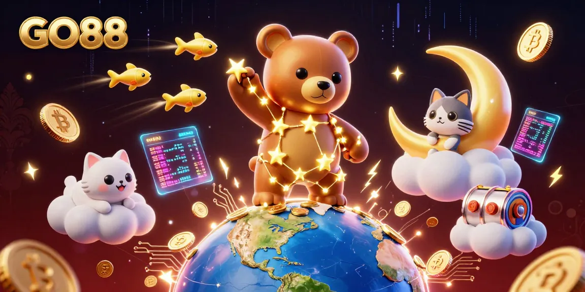 GO88 brings exhilarating casino excitement with a constellation bear, slot reels, and vibrant elements!