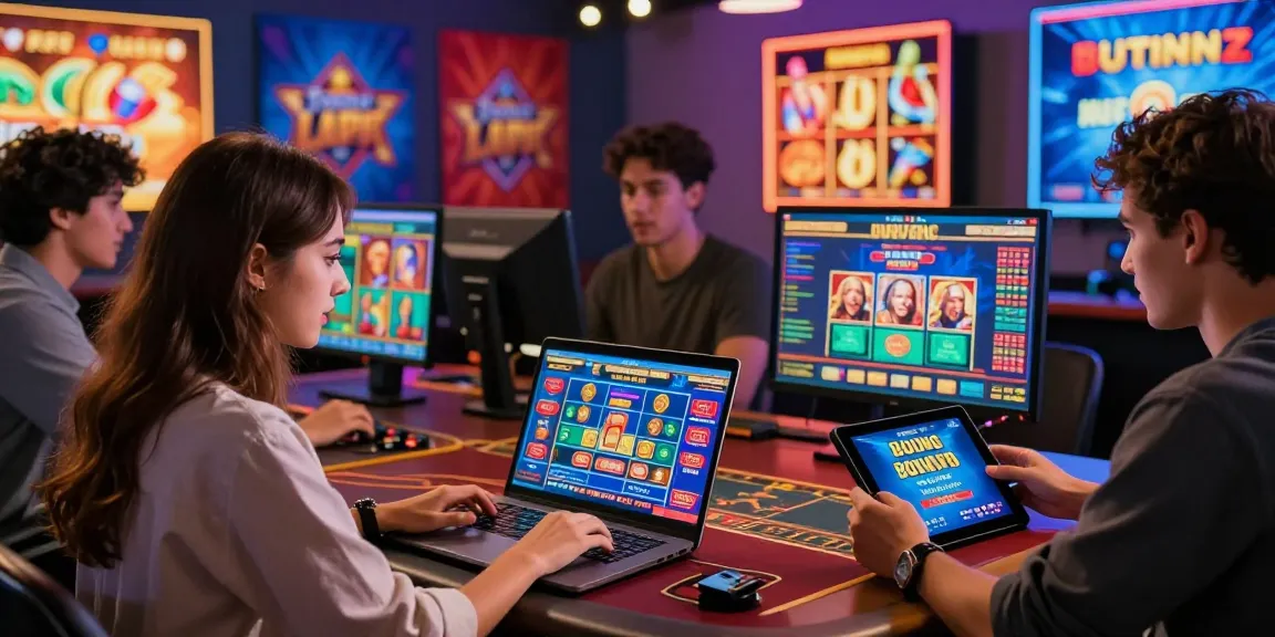 Online casinos that accept credit cards, featuring diverse players immersed in gameplay, with vibrant game graphics and digital bonuses.