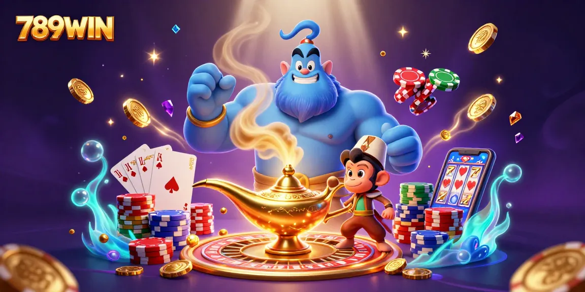 Experience the thrill of 789WIN with a vibrant 3D casino illustration featuring a genie, monkey, and poker elements.