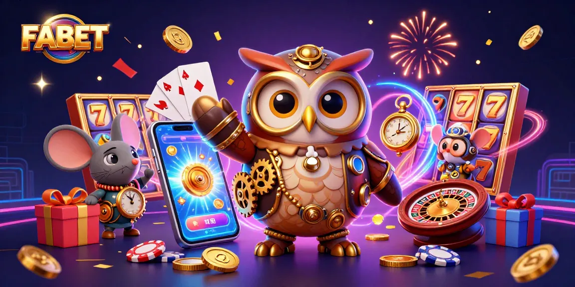 Engage in FABET's thrilling slot experience with our cartoon owl character amid dynamic casino elements.