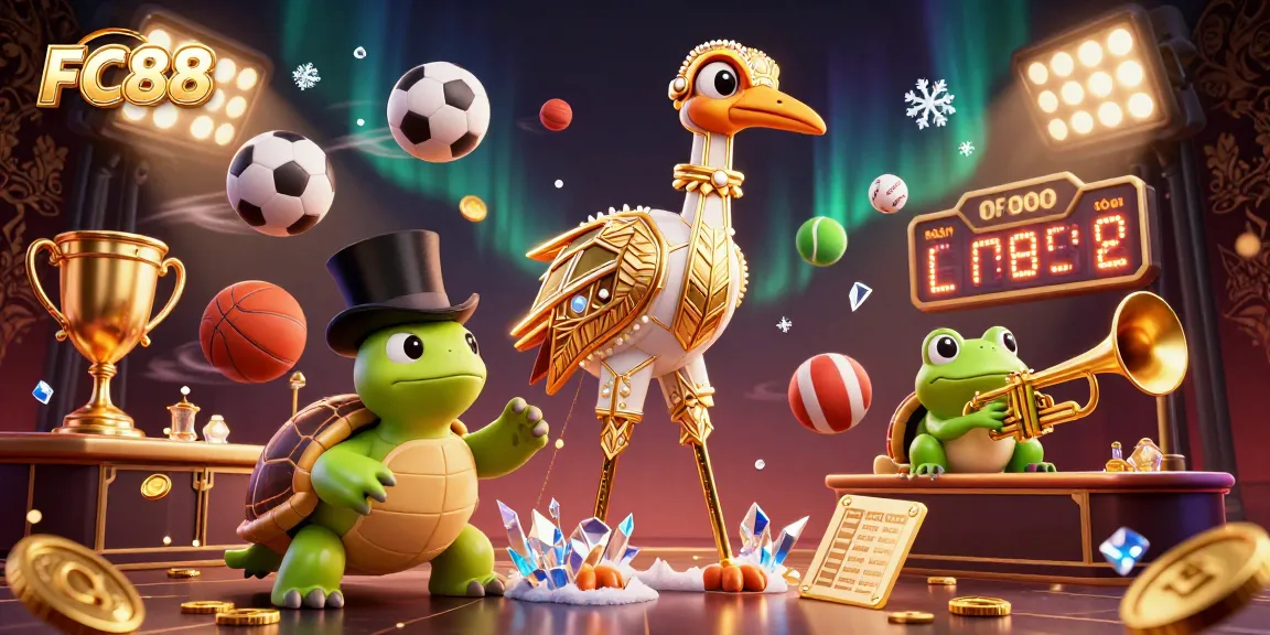 Engage with FC88's thrilling atmosphere through a lively casino illustration featuring unique characters and dynamic elements.
