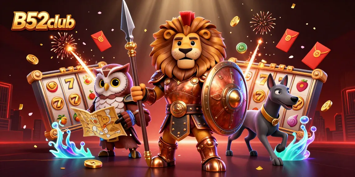 B52club showcases a vibrant casino scene with a heroic lion and strategic owl in a colorful online gambling illustration.