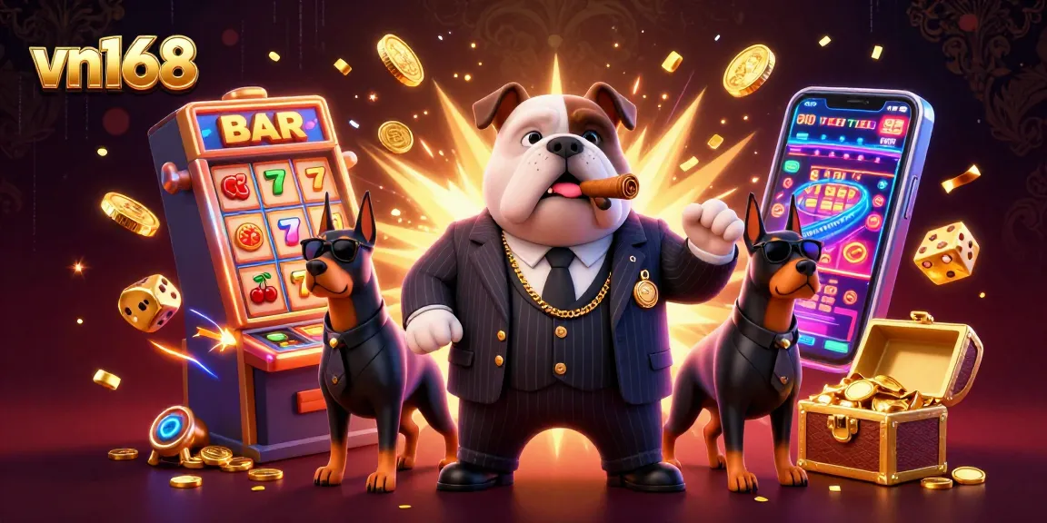 Win big with VN168's vibrant casino scene showcasing a mafia bulldog and jackpot excitement.