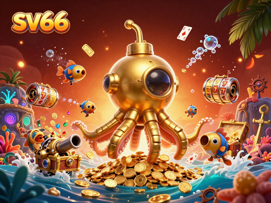 Join sv66's thrilling action with a golden kraken submarine amidst flashing slot reels and coins.