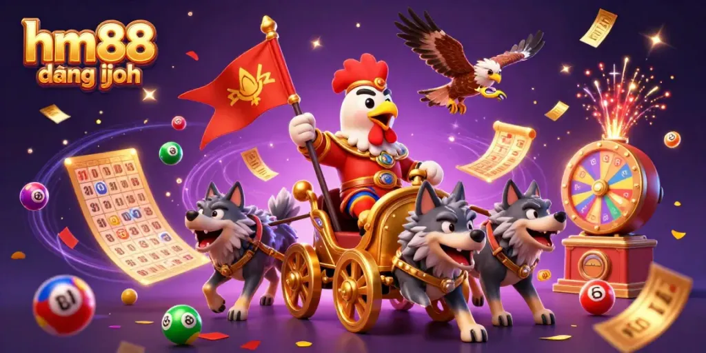 Join the excitement of hm88 đăng nhập with a regal rooster warlord leading a vibrant casino celebration.