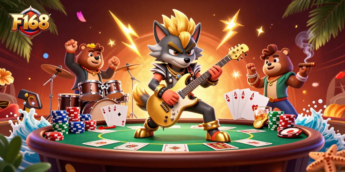 Witness F168's thrilling casino ambiance with a rock star wolf and wild drummer bear, set amidst vibrant poker elements.