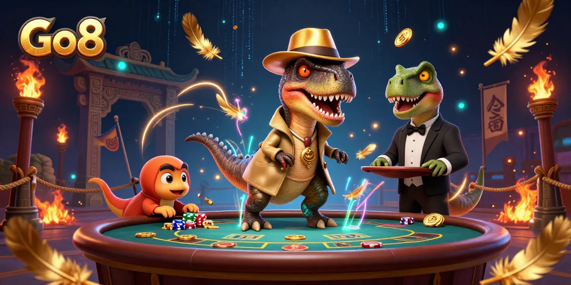 Go8 velociraptor card counter at blackjack table, surrounded by vibrant casino elements.