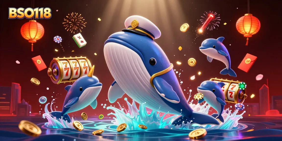 Engage with BSO118 as a whale breaches among gold coins, dolphins juggling poker chips, and festive casino elements.