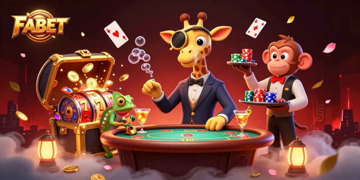 Experience luxury and excitement at FABET with this vibrant casino illustration featuring a high-roller giraffe and dynamic game elements.