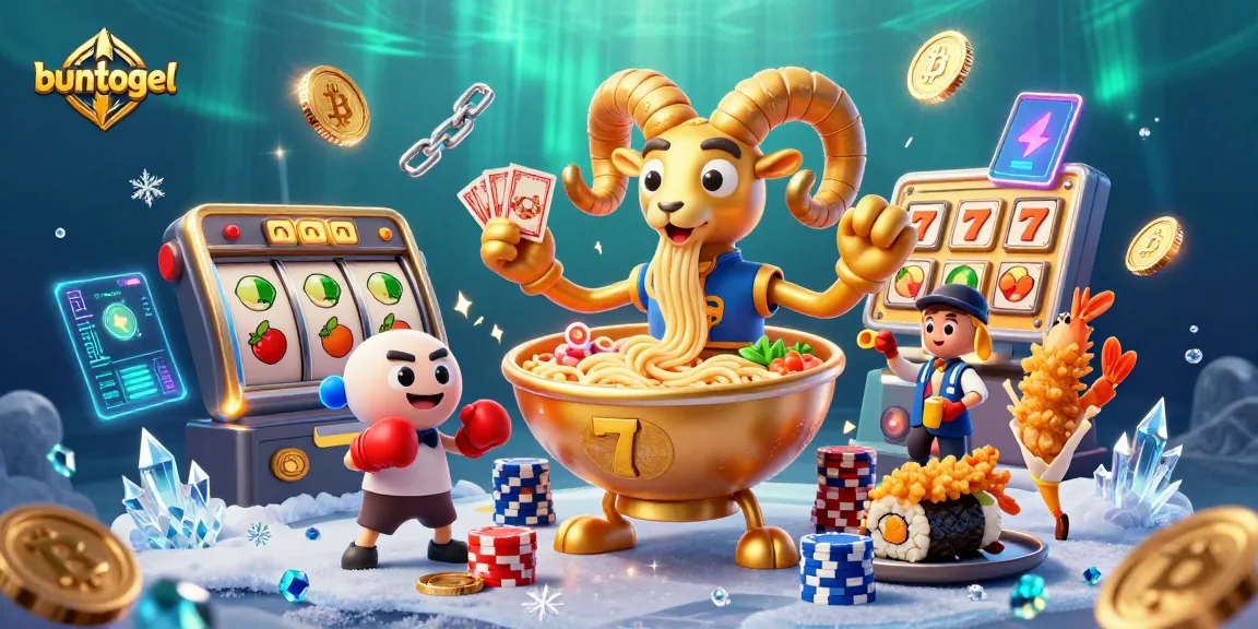Bet and win with buntogel at a vibrant casino scene filled with slot machines and 3D characters.