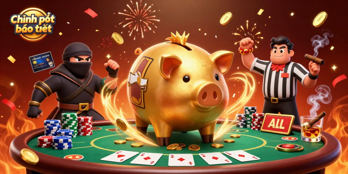 Experience the thrilling world of gaming with Chính sách bảo mật featuring a golden piggy bank sumo wrestler and dynamic casino elements.