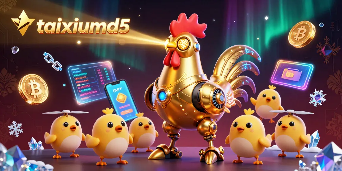 Engage in thrilling gameplay with taixiumd5's golden rooster character amidst crypto elements in a vibrant scene.