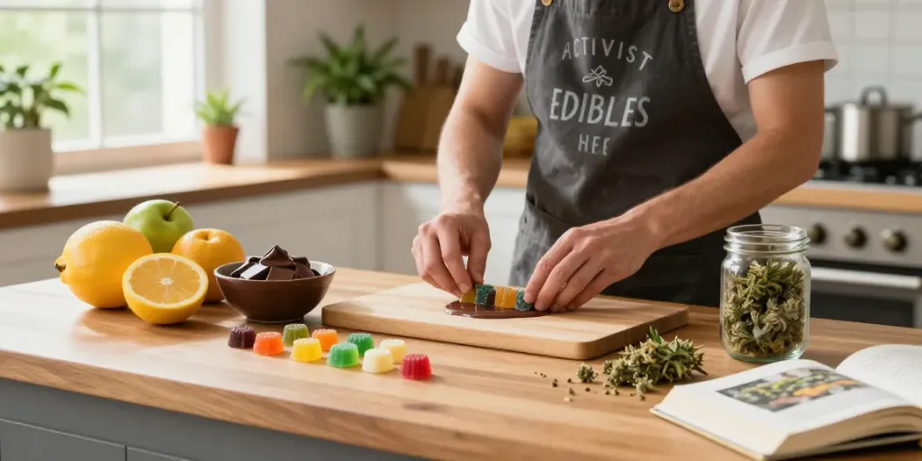 Cooking Activist Edibles: colorful THC-infused gummies on a kitchen counter.