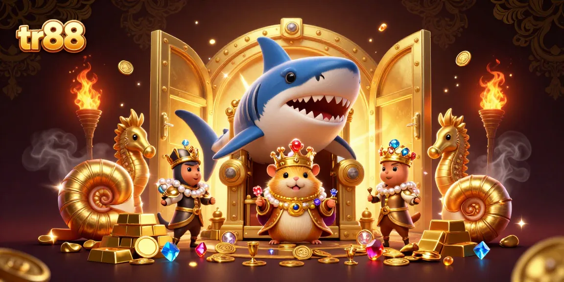 Experience the thrilling gaming atmosphere of tr88 with a fierce hamster king atop a giant throne of fortune.