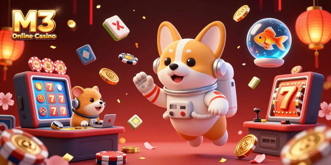 M3 Online Casino showcases a 3D cartoon astronaut corgi in a vibrant space station casino, surrounded by dynamic casino elements, including floating poker chips and animated jackpot reels.