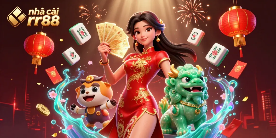Experience the excitement of nhà cái rr88 as a stunning 3D woman in a qipao and jade lion guardian play cards.