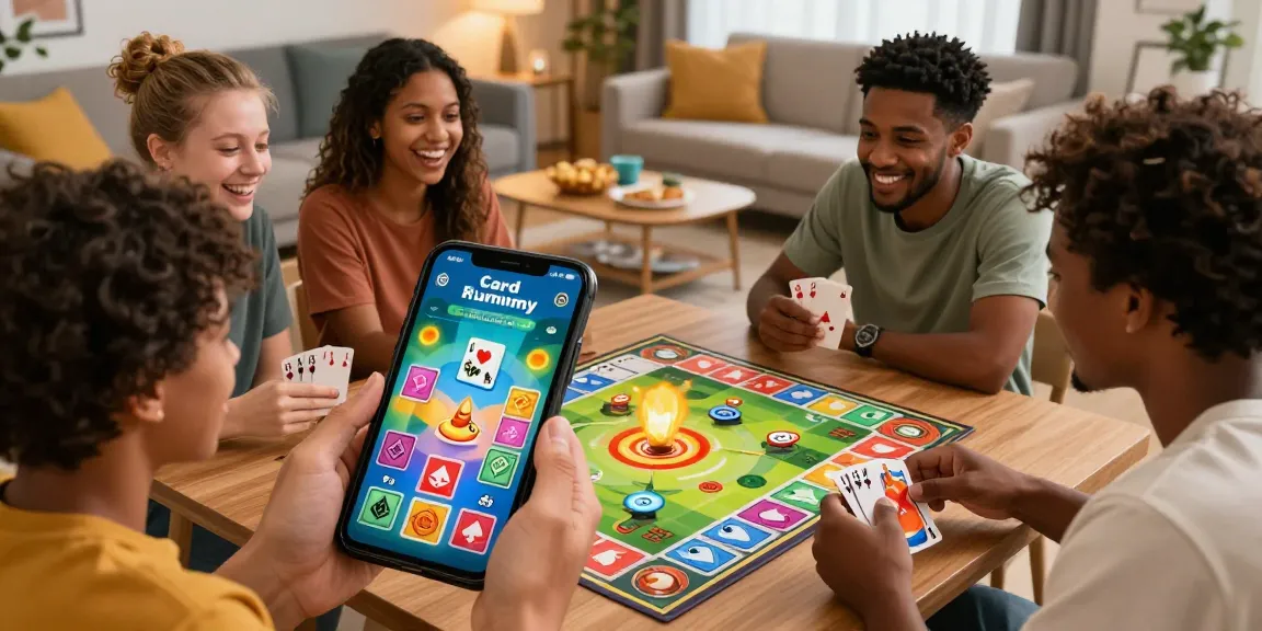 Play rummy with friends in a lively living room, showcasing excitement of online card games.