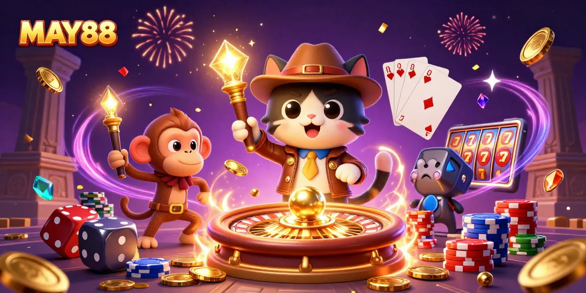 MAY88 explorer cat discovers golden slots treasure amidst vibrant casino chaos