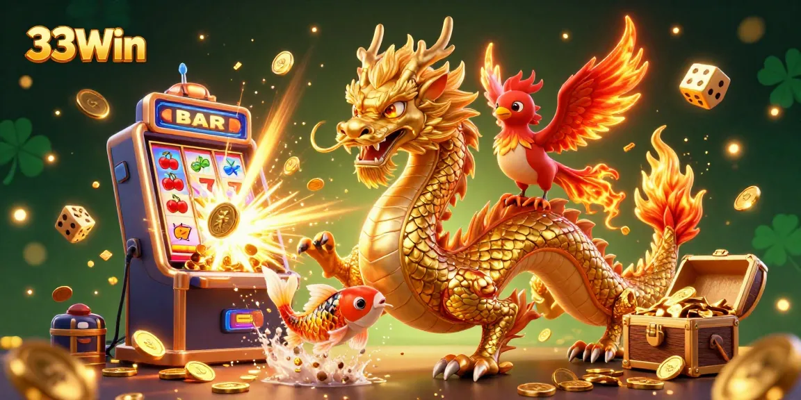 Engage with 33Win's vibrant 3D scene featuring a golden dragon, phoenix, and slot machine bursting with coins.
