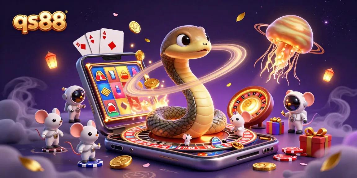 Bet with the cosmic dealer in a vibrant qs88 gambling-themed illustration with slot games and roulette.