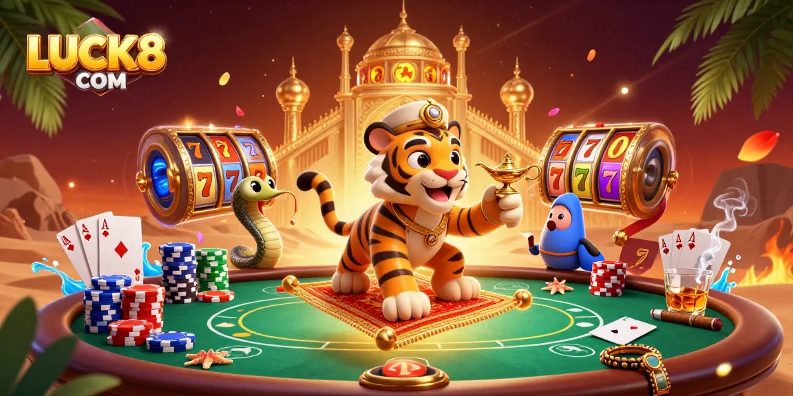 Engage with LUCK8 COM in this vibrant casino-themed scene with a magical tiger sultan.