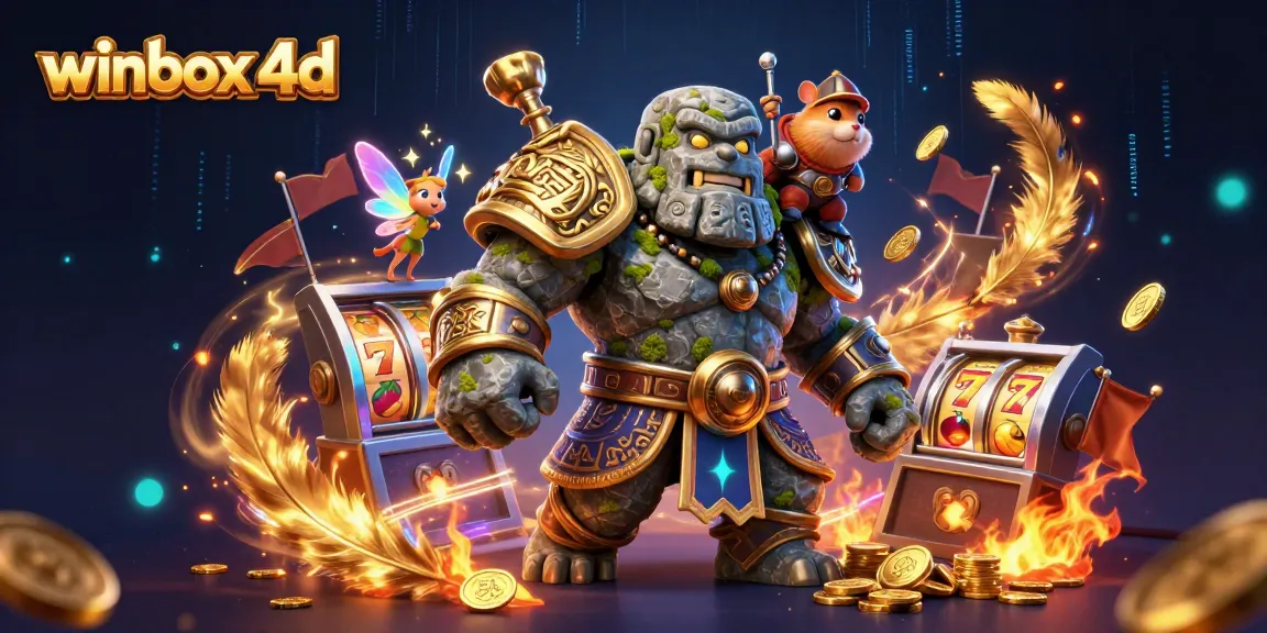 Winbox 4D guardian with a fairy and knight celebrates big wins with slot reels and golden coins.