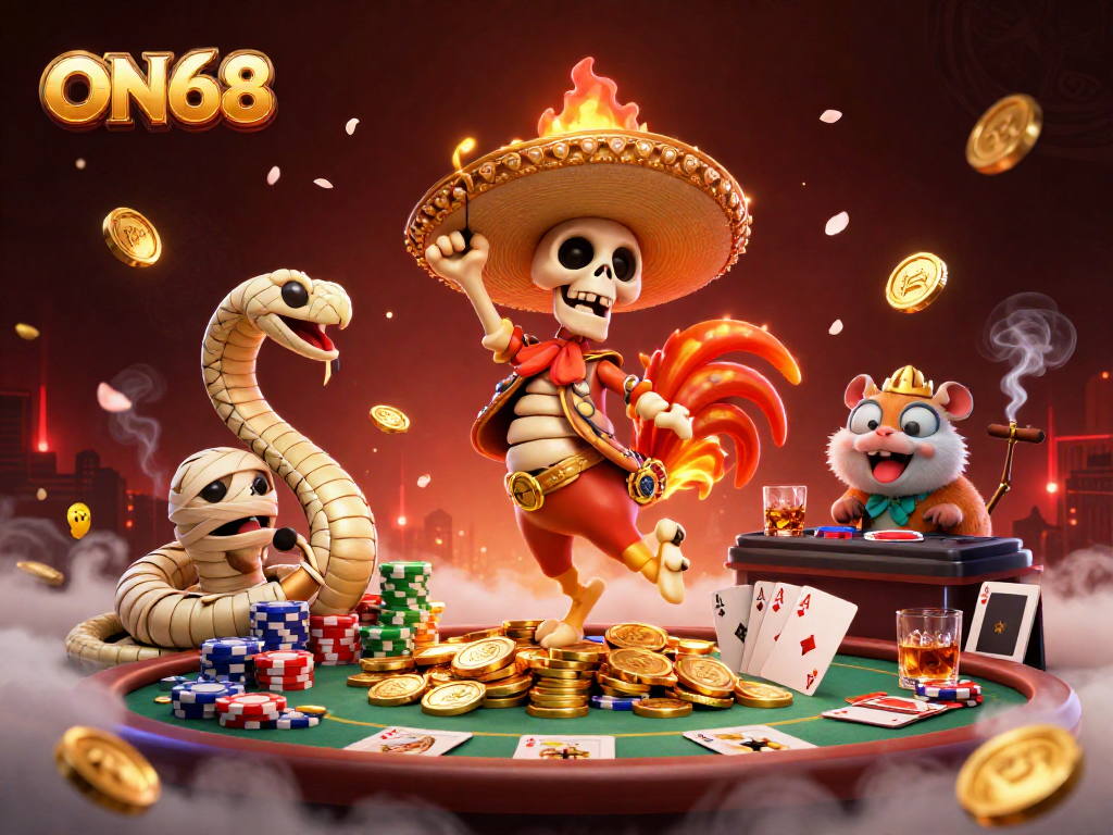 Engage in thrilling gameplay at ON68's vibrant casino with dynamic scenes of victory and excitement.