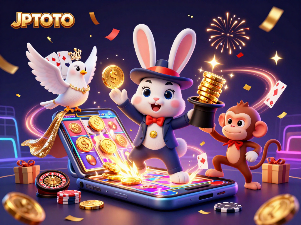 Engage in thrilling gameplay with JPTOTO as a magician rabbit conjures golden coins, surrounded by vibrant casino elements and festive effects.