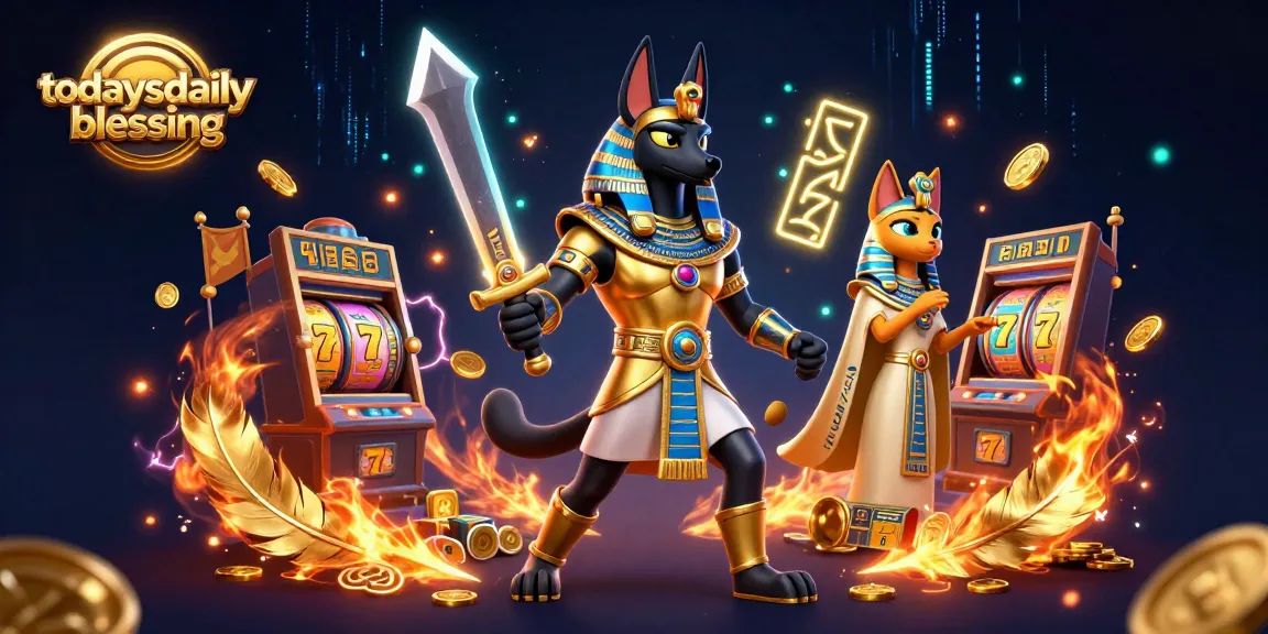 Spin slots with todaysdailyblessing featuring Anubis and Bastet in a vibrant casino scene.