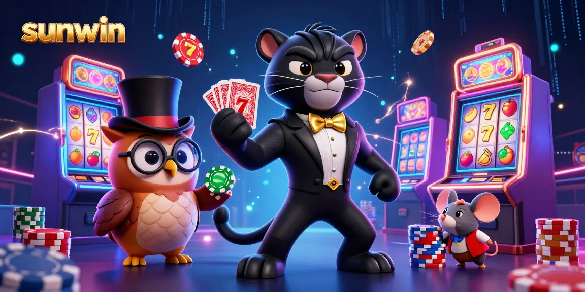 Engage with sunwin's vibrant slots, featuring a stylish panther dealing cards amidst dazzling gaming elements.