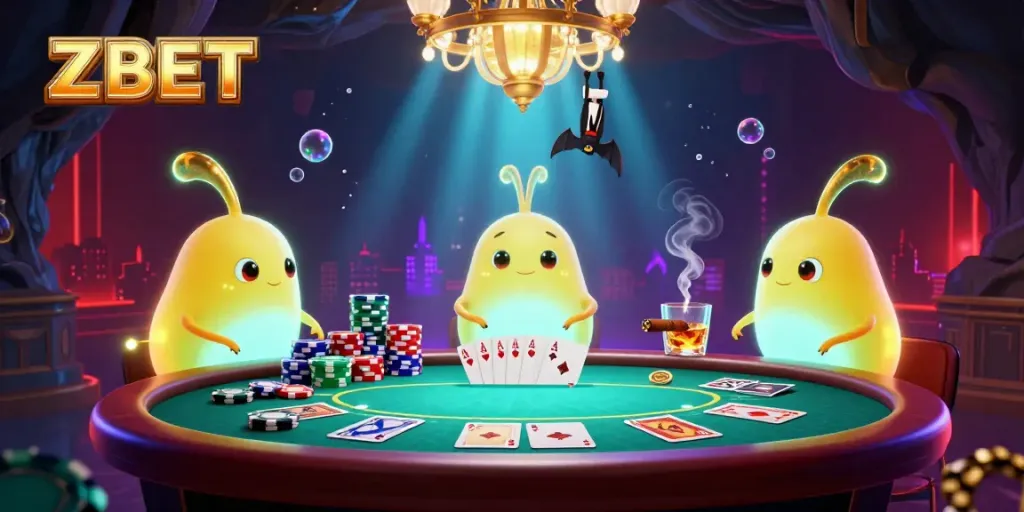 ZBET showcases a vibrant casino scene with glowworms and a bat dealer illuminating a poker game layout.