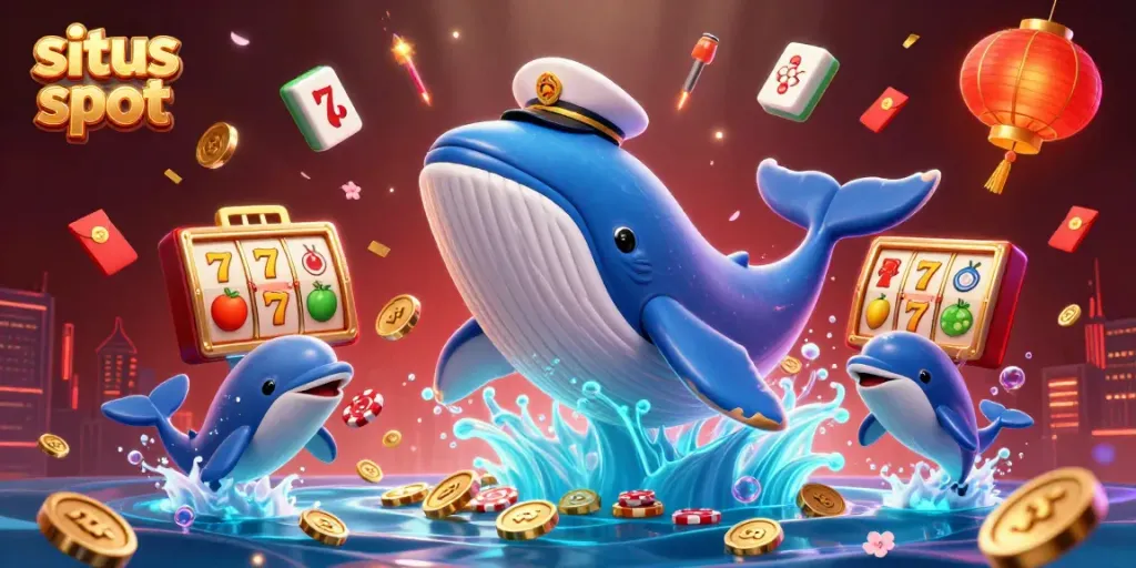 Tampilkan situs slot yang ceria dengan paus besar, narwhal, dan lumba-lumba, dikelilingi koin emas.