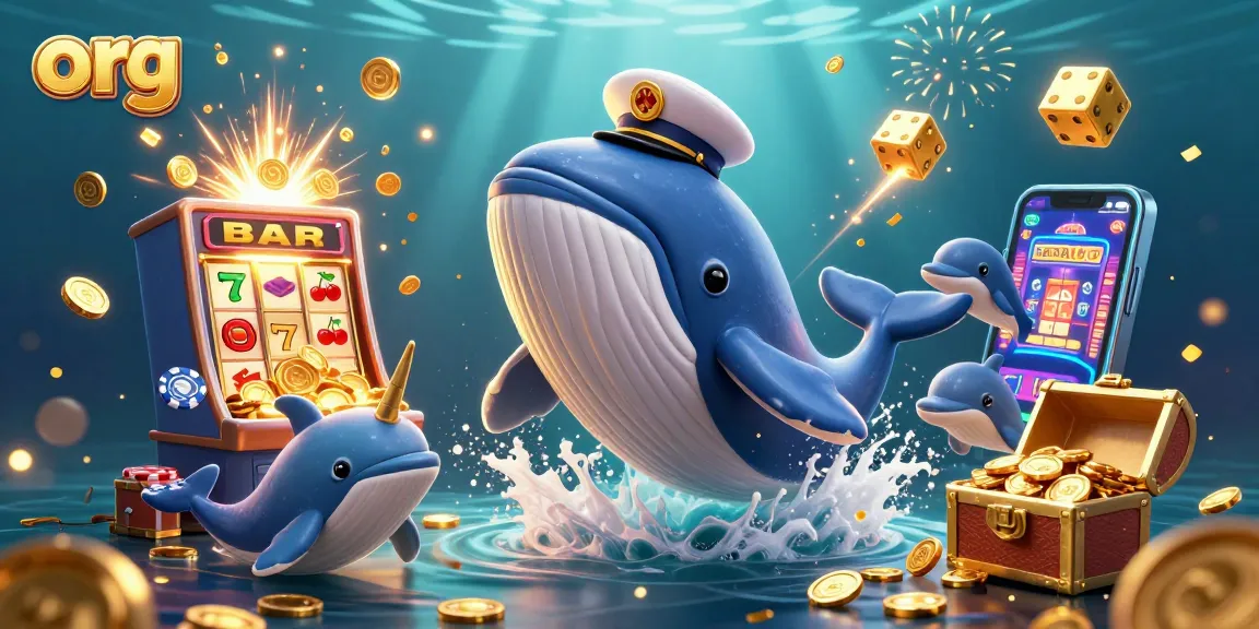 Join the fun at org with a vibrant 3D scene of a cartoon whale and playful dolphins in a casino atmosphere.
