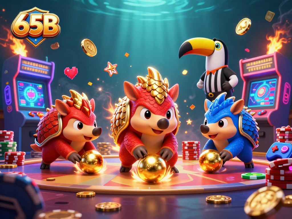 Jogar no 65B com pangolins competindo entre pilhas de fichas de poker e elementos de jogos vibrantes.