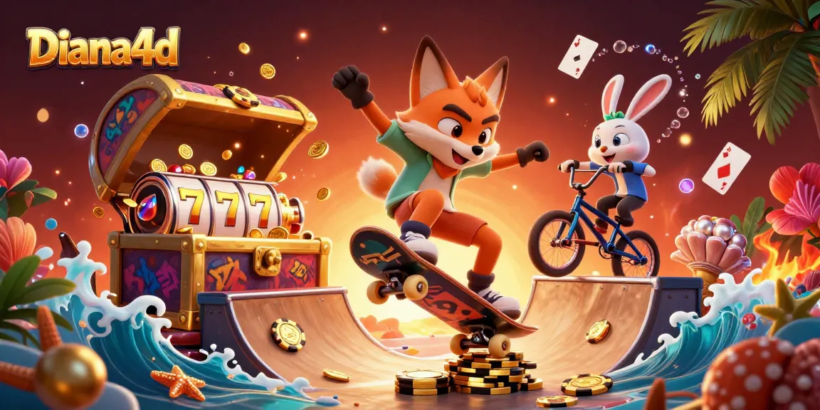 Diana4d features a skateboarder fox and BMX-riding rabbit amidst dynamic casino elements, showcasing thrilling gameplay.