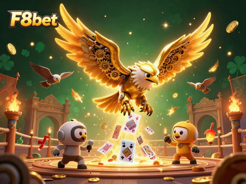 Experience thrilling gameplay at F8bet with vibrant visuals featuring a cybernetic eagle and playing cards.