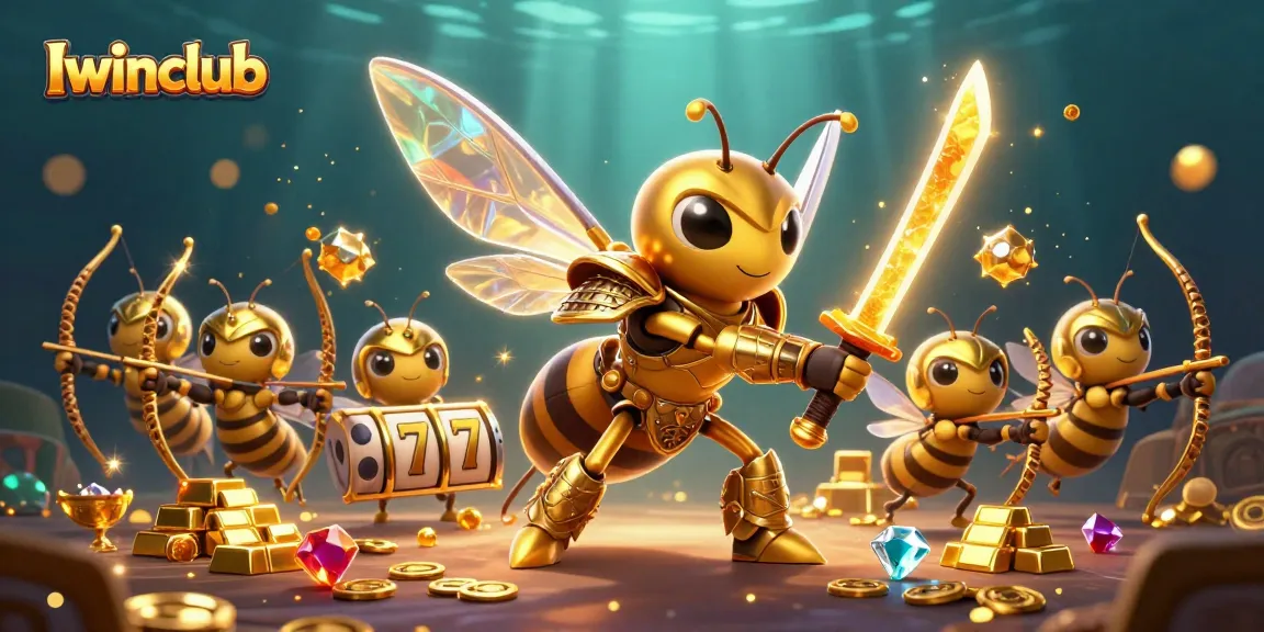 Iwinclub showcases a captivating 3D illustration of a golden hornet samurai amidst slot reels and treasure.