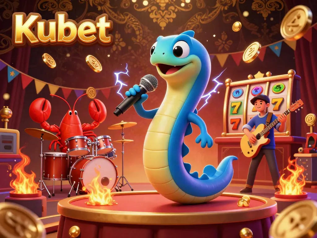 Kubet showcases an electric eel DJ at an underwater casino stage, surrounded by vibrant slot game elements.