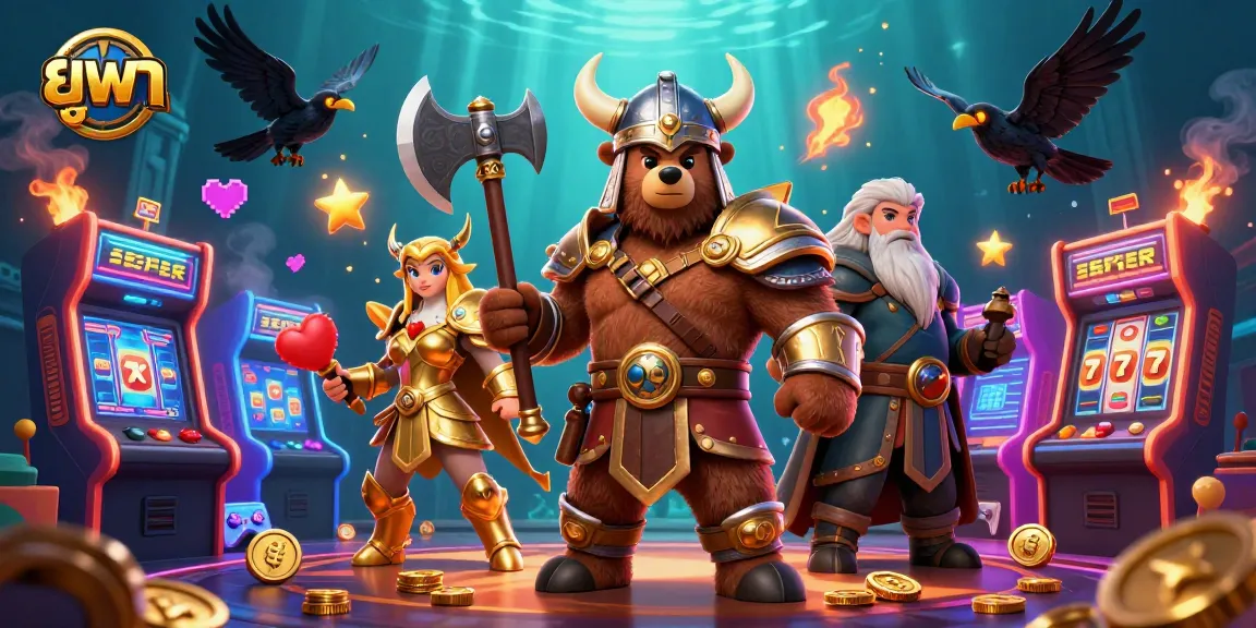 Experience exciting ยูฟ่า gameplay with a vibrant Viking bear and Valkyrie in a lively casino scene.