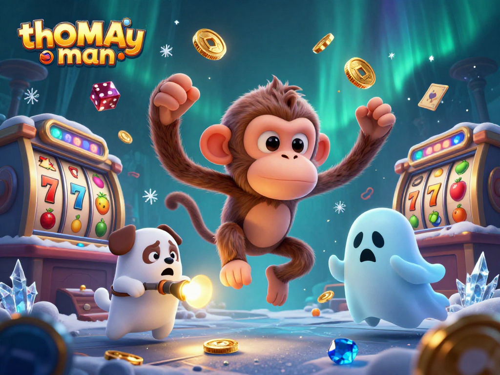 Experience thomayman with a mischievous golden-juggling monkey in a vibrant casino scene.