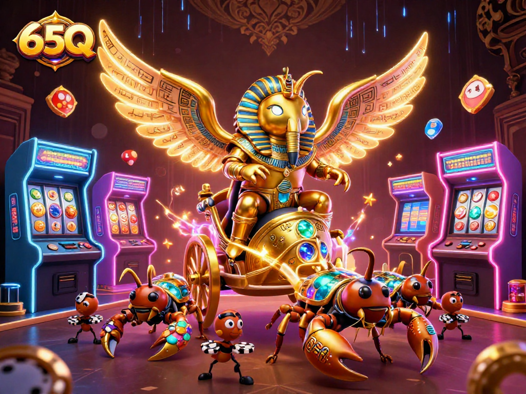 O jogo dinâmico 65Q traz um escaravelho dourado em um charet com elementos de cassino e máquinas de arcade.