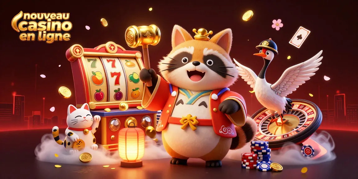 Découvrez le monde passionnant du nouveau casino en ligne avec un joyeux tanuki, des pièces d'or et des éléments de casino vibrants.