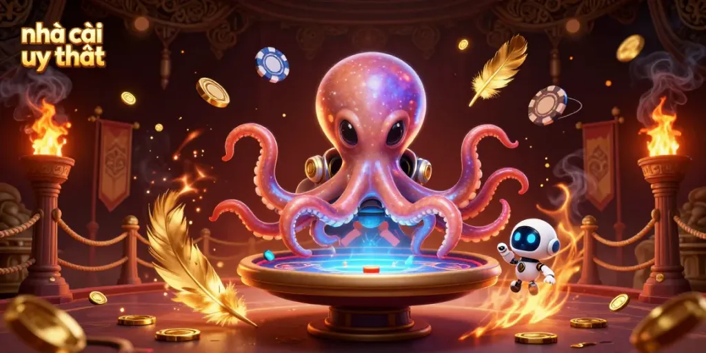 Engage with nhà cái uy tín through thrilling poker action in a vibrant 3D digital casino scene.