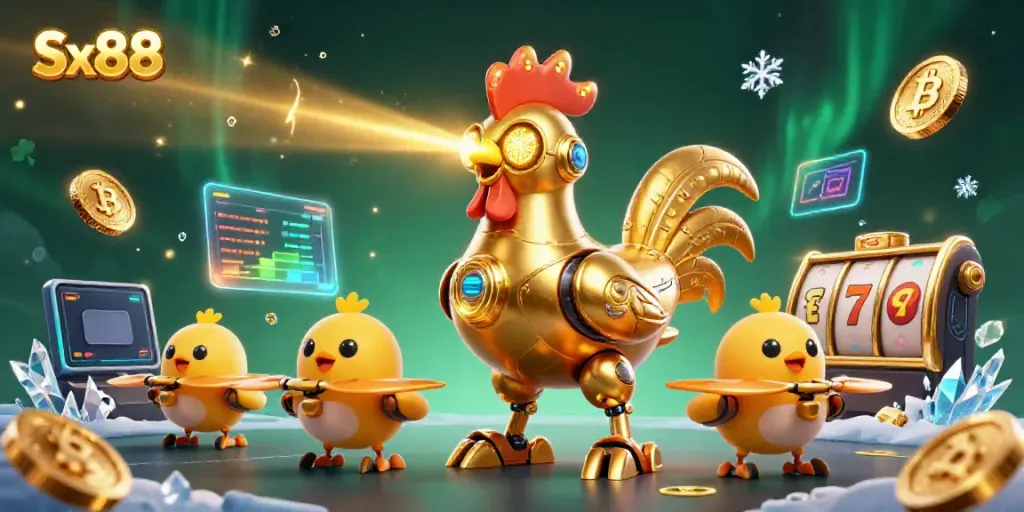 Sx88 illustrates a futuristic casino scene with a golden rooster robot and baby chick drones, highlighting digital currency and gameplay elements.