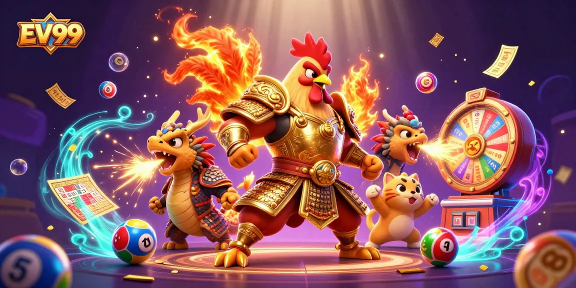 Experience the excitement of EV99 with a vibrant casino-themed illustration featuring unique characters and dynamic gaming elements.
