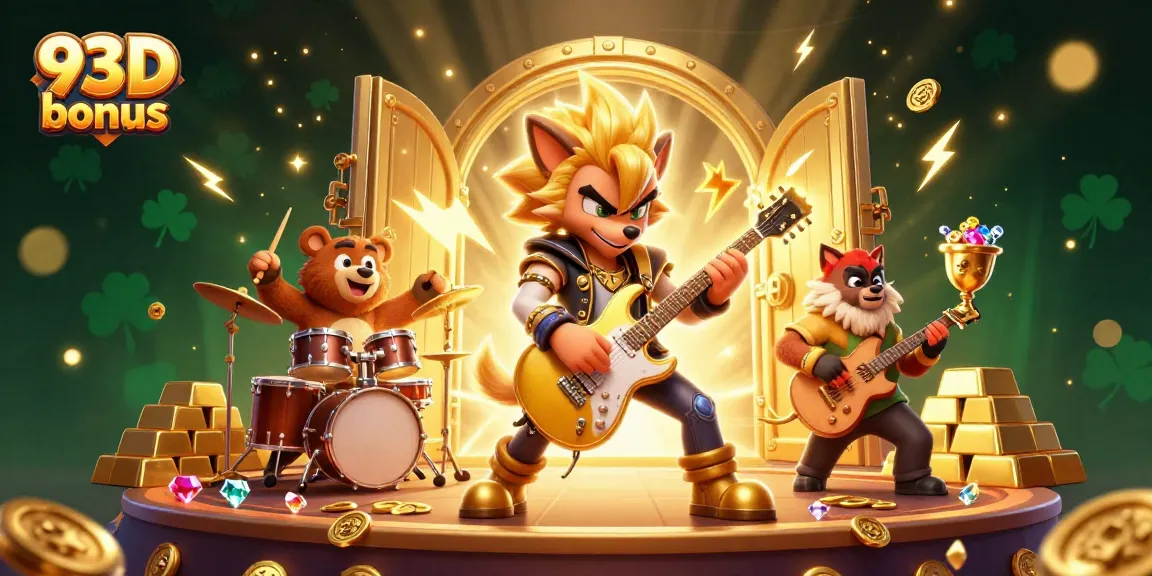 Viva a emoção do 93D bonus com um lobo rockstar e um urso baterista em um palco de cassino.